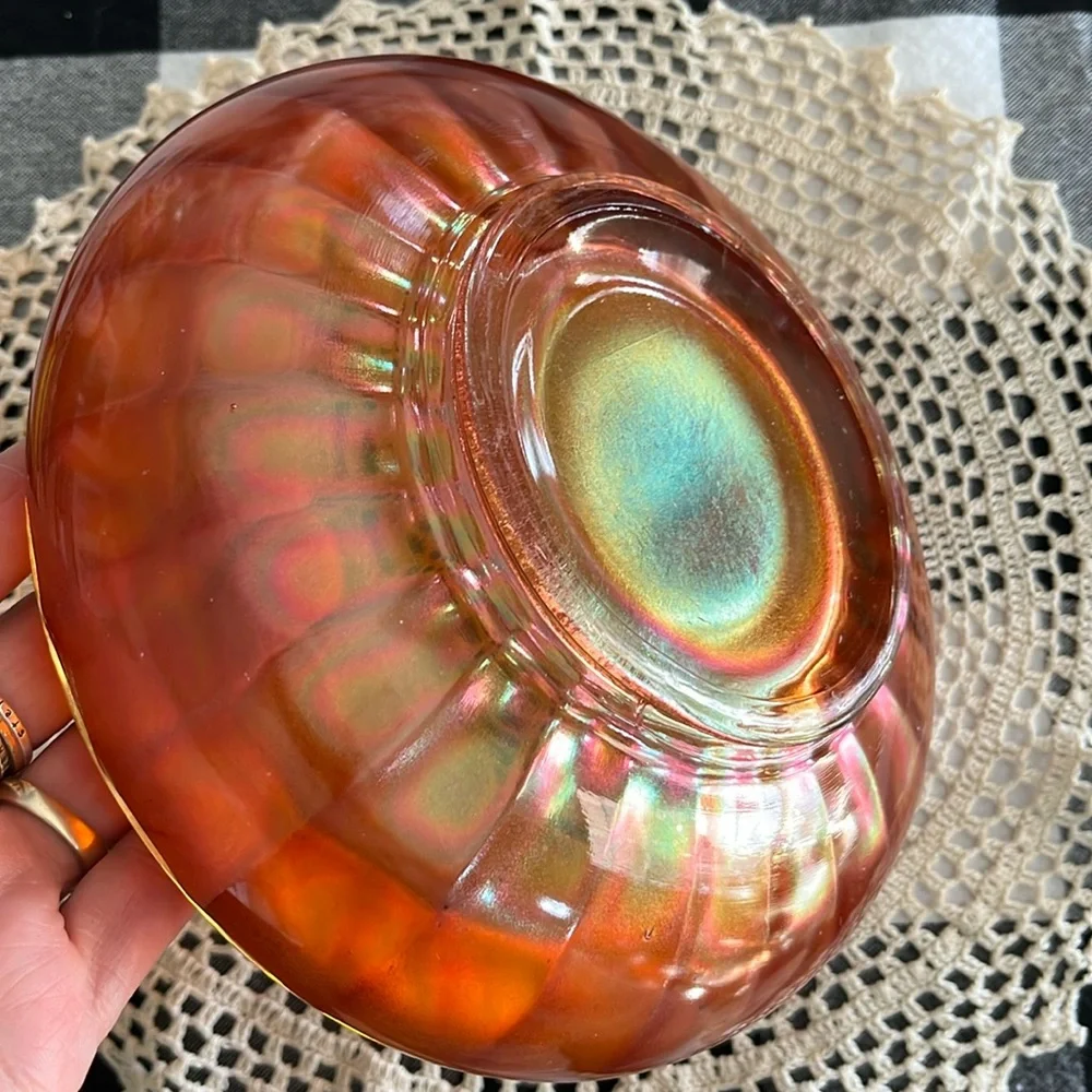 Vintage Fenton Marigold Carnival Glass Bowl Vertical Ribbed Iridescent 7.5”